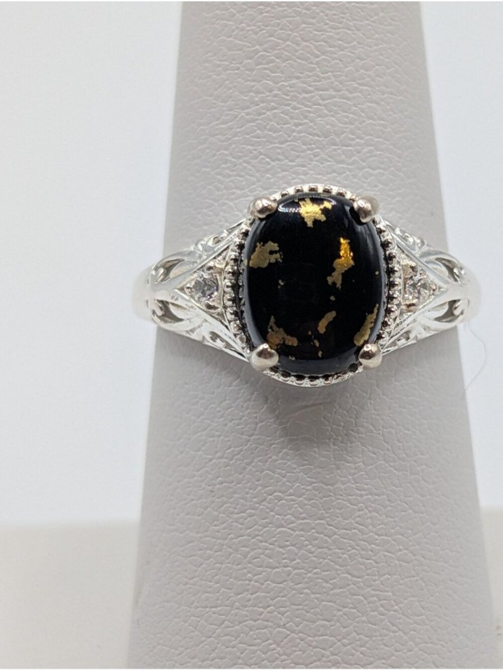 Sterling Silver Black Oval Goldenite Ring Size 7 NWOT Intricate Filigree Band